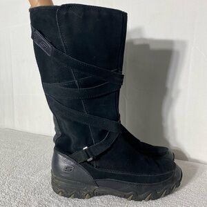 Skechers Black Suede Zip Mid Calf Knee High Boots 9